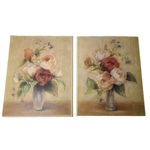 VTG A. Pritchard Roses In Vase Art Print On Wood Wall Decor 2 Pc Set Cottagecore - Picture 1 of 6